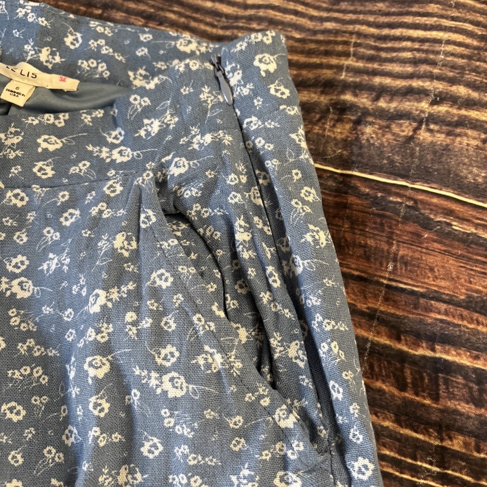 Le Lis Women's Blue Floral Side Zip Crop Wide Leg Pants Small Linen Blend Lined - Picture 7 of 7